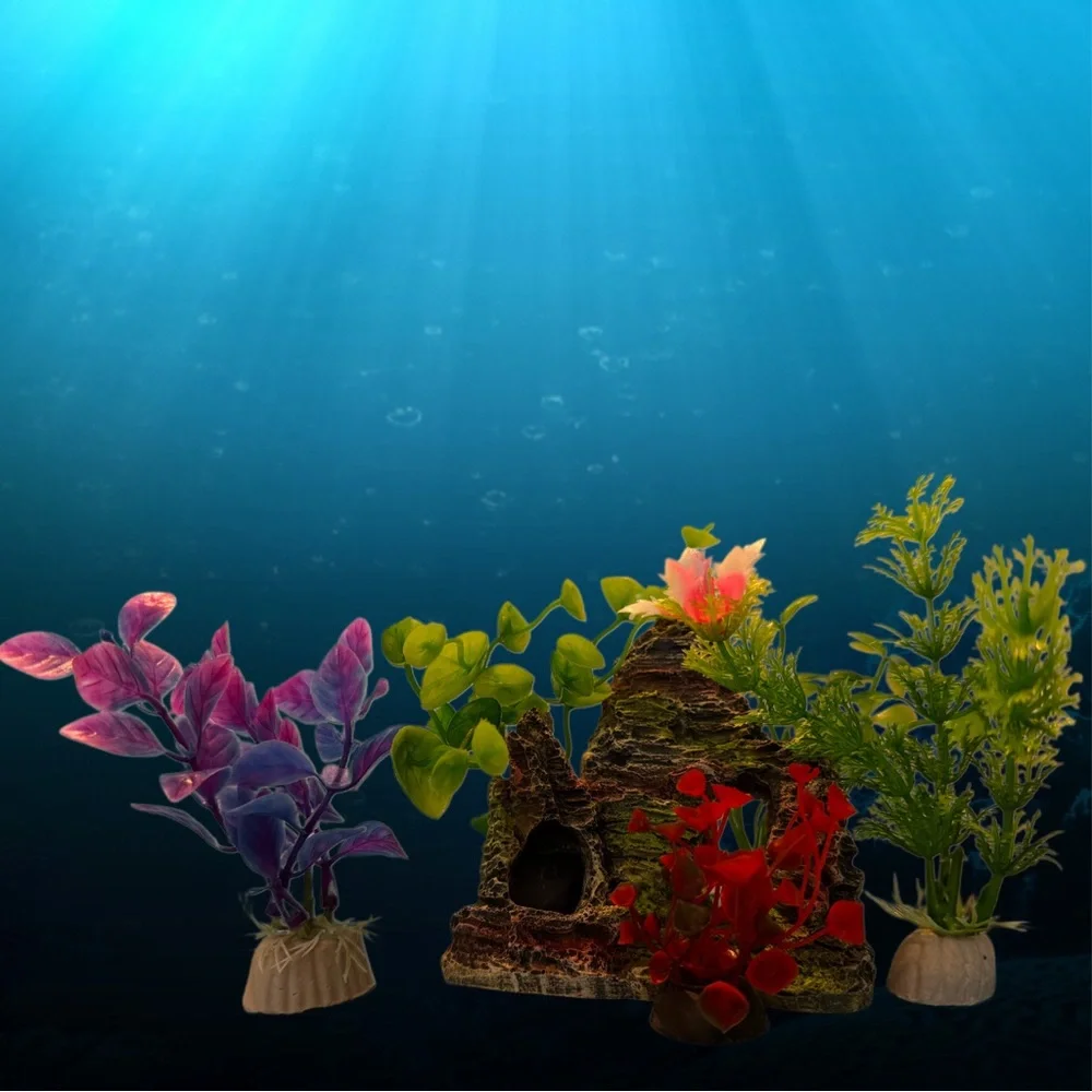 Aquarium Decor: Little Poly Resin Cave And 5 Soft Plastic Plants